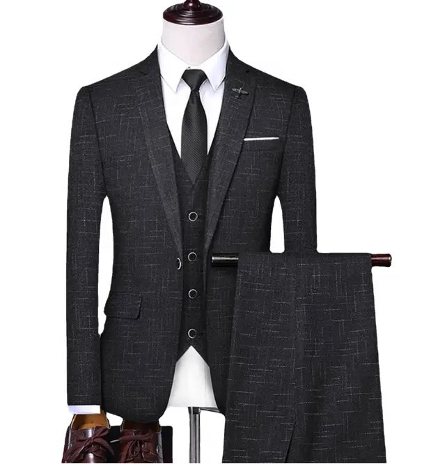 Men's Suit Two-piece Vest Business Suit Striped Spring Autumn Plaid Blending Groom Wedding Best Man Slim-fit