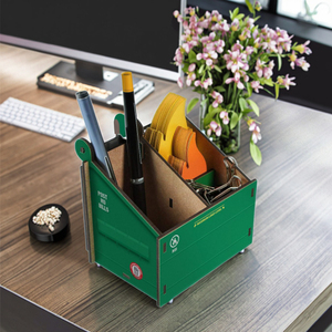 Poubelle de bureau verte au design Art Déco, organisateur de bureau en bois, porte-crayons et stylos, motif nature morte, forme irrégulière, pour enfant/adolescent - Product Image 6