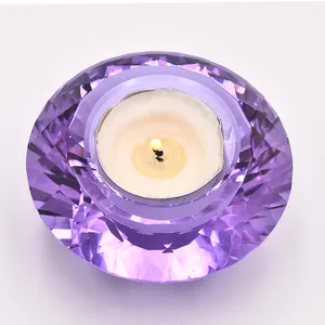 Candelabro de cristal púrpura con luz de té, portavelas con diamantes de cristal