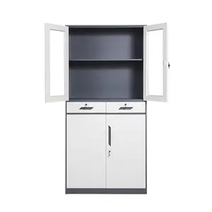KD structure office use metal storage cupboard upper glass door two middle drawers file cabinet
