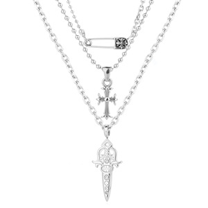 Nuova Collana a <span class=keywords><strong>3</strong></span> Strati in Acciaio Inossidabile con Ciondolo a Forma di Pugnale, Croce e Spilla di Sicurezza, Stile Gotico Hip Hop, Collana Trendy a Strati Unisex - Product Image 1