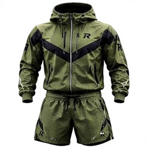 Conjunto Deportivo para Hombre, Color Verde Oliva, con Capucha, Ligero, para Exteriores, Manga Larga, Cierre Frontal con Cremallera, Secado Rápido, Pantalones Cortos Deportivos, Corte Regular - Product Image 1