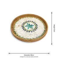 Plateau en mosaïque de coquillages en rotin fait main, décor en nacre motif tournesol, plateau de service pour fruits, vente en gros OEM, plateau de service en mosaïque