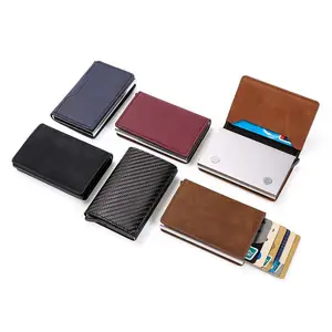 Portatarjetas Vintage, cartera emergente para hombre, cuero Pu, crédito, Metal, Rfid, bloqueo de aluminio, tarjetero, tarjetero magnético