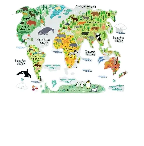 Cartoon Animals World Map Wall Stickers for Kids Room Decorations Safari Mural Art Zoo Children Home Decals Nursery Posters