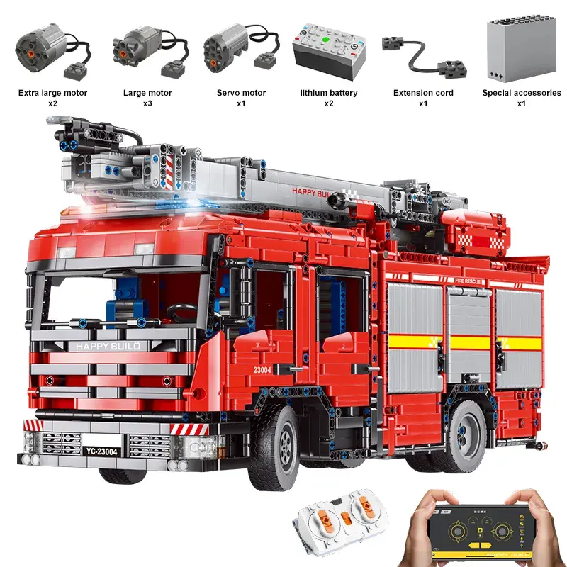 Счастливая сборка, модель 1/10 RC/APP, пожарная машина, лестница, разбрызгиватель, грузовик, пожарный двигатель, строительные блоки, модель, игрушки для детей
