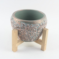 Pots à fleurs en ciment à motif floral texturé, prix d'usine, avec soucoupes, jardinières rondes en béton