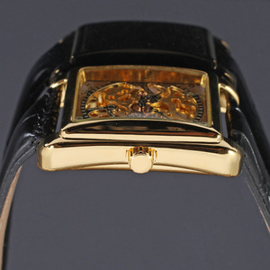 Ganador SLZa62 mecánico de los hombres mano sinuoso <span class=keywords><strong>reloj</strong></span> antiguo hombre esqueleto de oro cuadrado Dial correa de cuero Relojes - Product Image 4