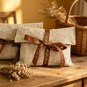 High Grade Beige Linen Packaging Sack, Custom Print <b>Ribbon</b> Bow Envelope Bag , Cosmetics & Wedding Souvenir Favors - Product Image 4