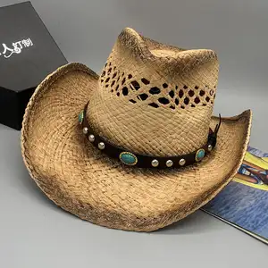 Outdoor Cowboy Straw Hat Raffia Braided With Malan Flower Turquoise Sun Straw Visor Hat Raw Edge Straw Sun Hat