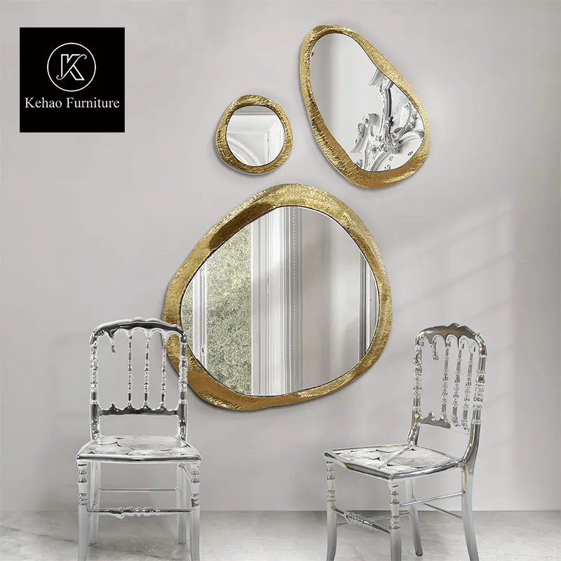 modern set design composed of three different-size mirrors with polished hammered brass frames wall mirror