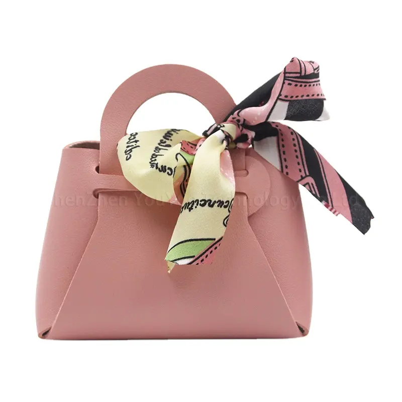 Bolso de mano de cuero para mujer, caja de regalo para regalos de dulces, Mini bolso de mano de cuero rosa con cinta, recuerdos de boda para Baby Shower