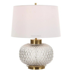 White Stone & <b>Clear</b> Glass Oval Modern Minimalist <b>Table</b> Lamp with Gold Base | Neutral Elegant Lighting for Resort Hotel & Home - Product Image 5