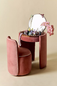 Flip-Top <strong>Mirror</strong> <strong>Vanity</strong> <strong>Table</strong>, Hidden Storage Dressing <strong>Table</strong> with Storable Stool, Space-Saving Upholstered Makeup Desk, Style - Product Image 3