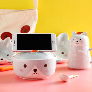 Bol à nouilles en céramique avec couvercle, grande capacité, double poignée, motif lapin, pour enfants et adultes, usage domestique - Product Image 3