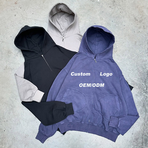 เสื้อฮู้ดดี้โอเวอร์ไซส์แบบซิปสำหรับผู้ชาย ผ้าฝ้ายเนื้อหนา 400 กรัม ระบายอากาศได้ดี ซับในอย่างดี พิมพ์ลายโลโก้แบบสกรีน  สไตล์สตรีทแวร์ ดีไซน์ขาดๆ แบบดิสเทรส - Product Image 1