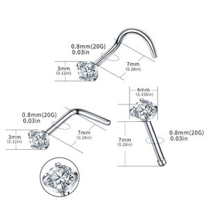 Piercing de nez en titane G23 avec zircon cubique 5A serti à griffes, hypoallergénique, en forme de L et courbé, bijoux de piercing pour hommes et femmes, vente en gros - Product Image 2