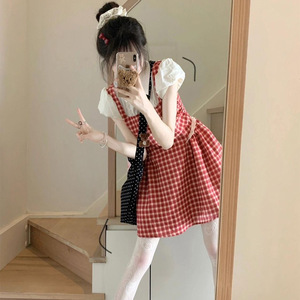 French Preppy Style Red Plaid <b>Dress</b> For Women <b>Elastic</b> Waist Peter Pan Collar Short Skirt Breathable Daily Casual Wear - Product Image 2