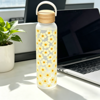 Bouteille en verre écologique de 550 ml avec surface en silicone douce au toucher et design personnalisé imprimé sur toute la surface