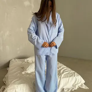 2 종 세트 여자 홈웨어 세트 면 잠옷 세트 여자 잠옷 블루 화이트 스트라이프 잠옷