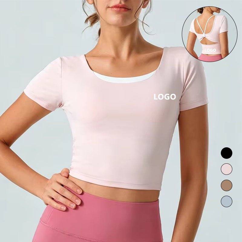 Summer Quick-drying for Sports Yoga Suit Short-sleeved Tight-fitting Women's Peach Butterfly Strap Chest Pad Fitness Top