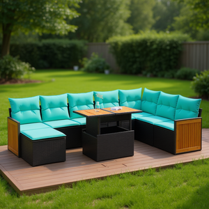 Set Divano da Esterno in Polyrattan Nero e Acacia con Cuscini, Arredamento da Giardino, Posti a Sedere per 10 Persone, Design Contemporaneo - Product Image 2