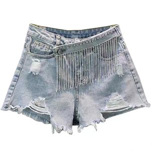 Shorts en <span class=keywords><strong>jean</strong></span> élégants pour femmes, à franges <span class=keywords><strong>et</strong></span> perles, taille haute, coupe large, couleur unie, décontractés, nouvelle collection printemps-été 2023 - Product Image 4