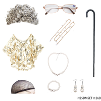 Kit de déguisement de grand-mère, perruque grise bouclée, lunettes vintage, collier et boucles d'oreilles perlées, tenue de vieille dame pour Halloween adulte
