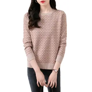 Custom Autumn and Winter Custom Ladies Round Neck Loog Sleeve Plaid Jacquard Women Plush Thick Knitted Pullover Sweaters