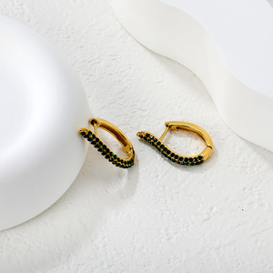 18K Gold Plated Stainless Steel U-Shaped <b>Green</b> CZ Huggie <b>Earrings</b> Women Minimalist Geometric Arc Design Hypoallergenic - Product Image 5