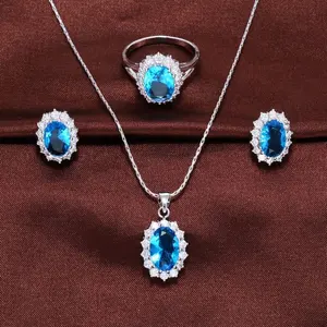 Big Stone Round Shiny Smaragd Saphir Aquamarin Granat Weiß Zirkonia Ring Ohrring Halsketten Sets Für Frauen Für Männer