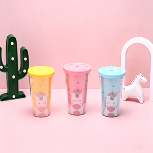 Summer Cold <b>Drink</b> Cup 15oz Double Wall PS <b>Plastic</b> <b>Straw</b> Tumbler with Flat Lid Reusable Eco-Friendly Outdoor Use - Product Image 1