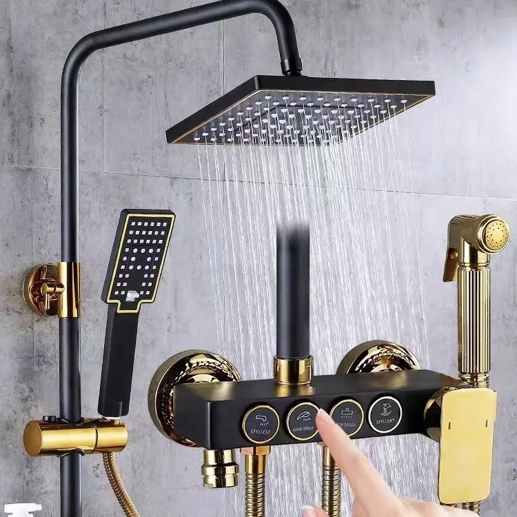 2023 gran oferta función montada en la pared latón negro oro termostático baño ducha conjunto con pistola pulverizadora