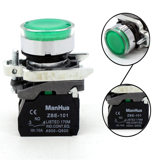 ManHua XB4-BW33M5 High Quality Waterproof Industrial Metal Round Push Button Switch with LED Green Lamp