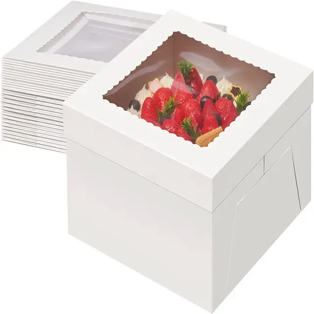 窓付きの高さ10x10x8インチのケーキボックス、白いベーカリーボックス、多層ケーキ用の正方形の段ボールケーキボックス、パイ、パトリー
