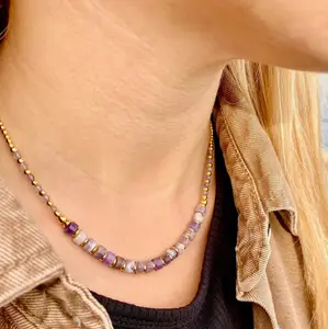 Zooying手工制作美丽紫水晶金珠项链天然女性石材饰品