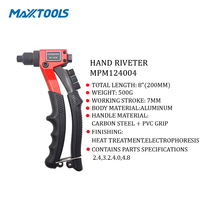 Pistolet à rivets manuel en aluminium de 8 pouces, course de 7 mm, avec poignée en PVC pour rivets de 2,4, 3,2, 4,0, 4,8 mm, vente en gros