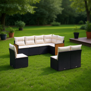 Ensemble de canapés de jardin en rotin blanc crème et noir, 6 places, résistant aux intempéries, mobilier d'extérieur au design contemporain, structure en teck - Product Image 2