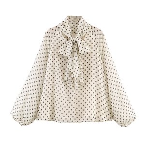 Neue Damen-Bluse mit Polka Dots, Langarm, Stehkragen, Schleife, Transparentes Chiffon-Oberteil, Elegantes Freizeithemd - Product Image 3