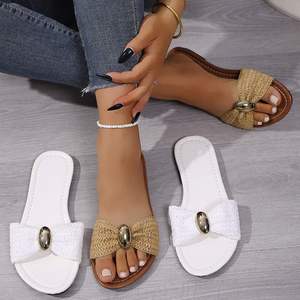 Summer Outdoor Rhinestone Decor Slippers Women Retro Roman Style Square <b>Toe</b> Open <b>Toe</b> Flat One Band Minimalist Daily Footwear - Product Image 4