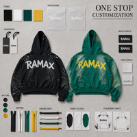 Sweat à capuche surdimensionné RAMAX noir et vert effet éclaboussures de peinture, style streetwear urbain décontracté, vente en gros, fournisseur d'usine