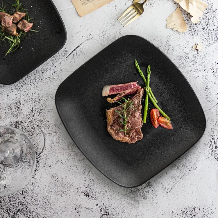 Wedding tableware charger plates square shaped black steak dish platter ceramic serving ware