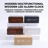 Réveil numérique minimaliste avec charge sans fil Qi, décoration de bureau, chambre, hôtel, température, calendrier, sérigraphie, cadeau