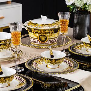 Service de Vaisselle de Luxe en Porcelaine Fine Noir et Or, Style Européen Minimaliste pour la Maison, Assiettes et Bols - Product Image 6