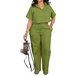 Women's Short Sleeve Shirt Long <b>Pants</b> Linen Casual Summer 2 Piece Set Fashion - Product Image 1