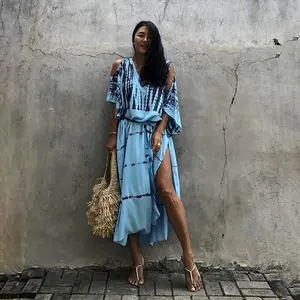 Wholesale 2023 Beach Rayon Off Shoulder Printed Holiday Gown Bikini Cover Up Dress Beach Clothes Women Dress