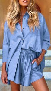 Ensemble 2 pièces chemise et short en coton et lin pour femme – Vêtements en lin personnalisés de haute qualité – Ensembles en coton et lin pour femme - Product Image 2