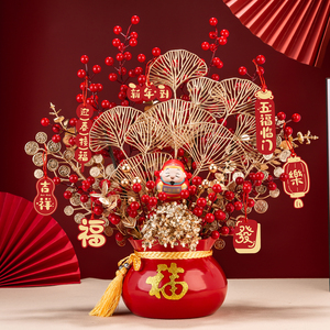 Arrangement floral artificiel du Nouvel An chinois 2026 : Seau porte-bonheur avec baies rouges et fruits de prospérité pour décoration de bureau - Product Image 4