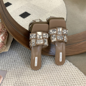 French Vintage Weave Women's High-Heeled for Slippers With Square Head Light Weight Spring Season-Beautiful Word Belt Desi - Product Image 3