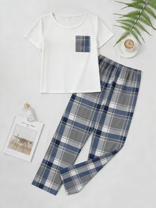 Ensembles de pyjamas décontractés pour femmes en gros, imprimé à carreaux, tissu tricoté doux pour le printemps, l'été et l'automne - Product Image 2